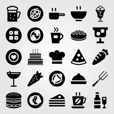 Restoran vektör Icon set. Burger, kahve, çatal ve tava