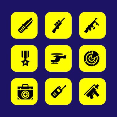 Silah vektör Icon set. Helikopter, İlkyardım çantası, volki tolki ve av tüfeği