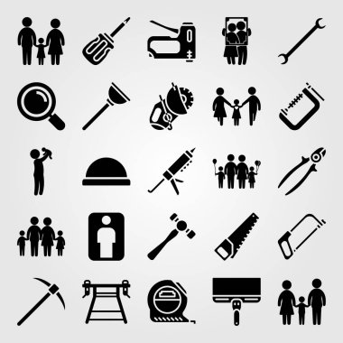 Araçlar simgesi vektör ayarlayın. Aile, bant, el testeresi ve Büyüteç