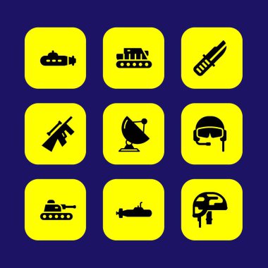 Askeri vektör Icon set. kask, bıçak, denizaltı ve uydu
