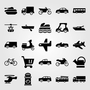 Ulaşım vektör Icon set. İtfaiye arabası, sulama olabilir, golf arabası ve kamyonet