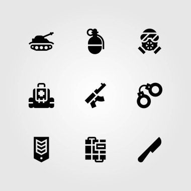 Silah vektör Icon set. el bombası, top, ilk yardım çantası ve gaz maskesi