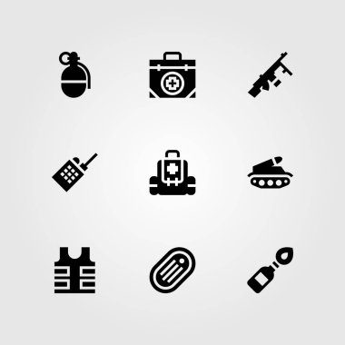 Silah vektör Icon set. volki tolki, kurşun geçirmez yelek, silah ve Molotof kokteyli