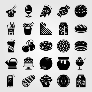 Yiyecek ve içecekler simge vektör ayarlayın. kiraz, muzlu süt, karpuz ve kiraz