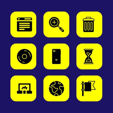 Temel vektör Icon set. çöp kutusu, kayıt düğmesine ve dizüstü bilgisayar, zoom