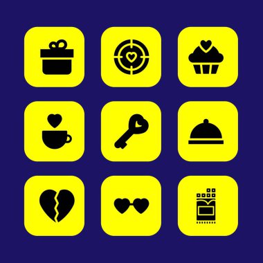 Sevgililer günü vektör Icon set. kalp gözlük, aşk anahtar, Sevgililer günü ve aşk Kupası