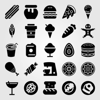 Yiyecek ve içecekler Icon set vektör. hamburger, kivi, kahve Kupası ve tavuk bacak