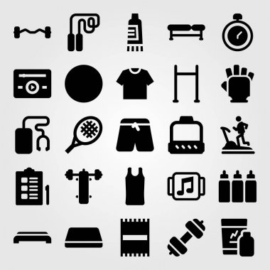 Fitness vektör Icon set. Denetim listesi, Yüksel, spor gömlek ve sıra sıkıştırma