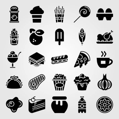 Yiyecek ve içecekler Icon set vektör. Tatlım, kızarmış tavuk, taco ve biftek