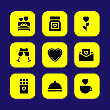 Sevgililer günü vektör Icon set. Şerefe, sevgi, aşk Kupası ve akşam yemeği