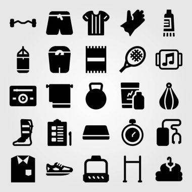 Fitness vektör Icon set. shinpad, plaj havlusu, kronometre ve çekme kadar bar
