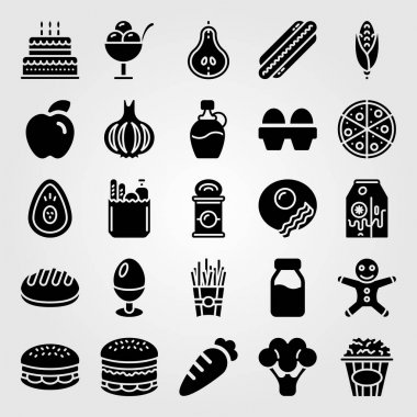 Yiyecek ve içecekler simge vektör ayarlayın. patlamış mısır, havuç, doğum günü pastası ve burger