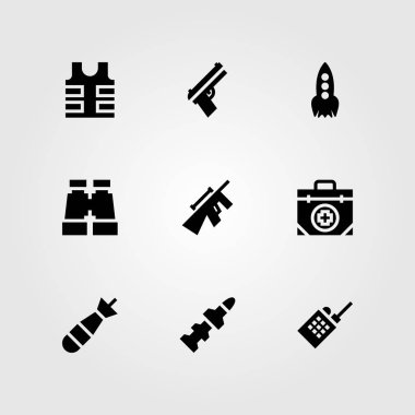 Silah vektör Icon set. roket, kurşun geçirmez yelek, silah ve walkie talkie