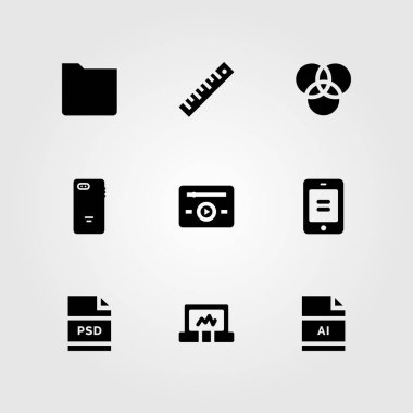 Web tasarım vektör Icon set. klasör, müzik çalar, cetvel ve psd