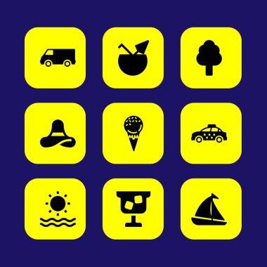 Yaz aylarında vektör Icon set. taksi, pamela, yelkenli ve van