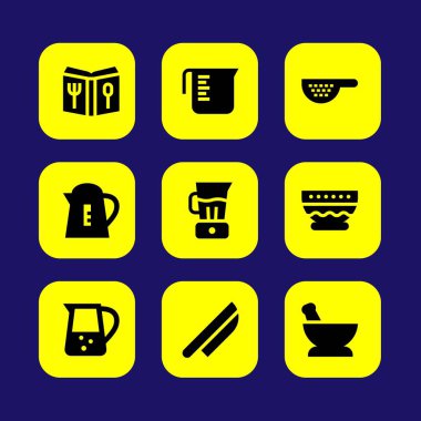 Mutfak vektör Icon set. ölçme fincan, süzgeç ve harç mikseri,