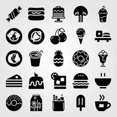 Yiyecek ve içecekler Icon set vektör. muzlu süt, sushi, ananas ve bakkaliye