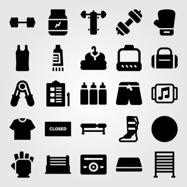 Fitness vektör Icon set. Boks eldiven, eldiven, kasnak ve müzik çalar