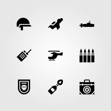 Silah vektör Icon set. walkie talkie, bagde, kask ve ilk yardım kiti