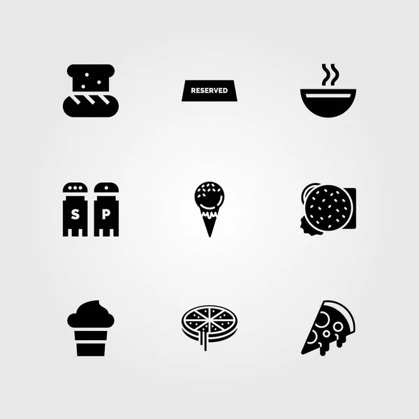 Restoran vektör Icon set. Burger, tuz ve biber, pizza ve çorba — Stok Vektör