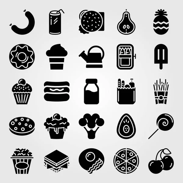 Alimentos y bebidas vector icono conjunto. Galletas, cerezas, comestibles y hamburguesas — Archivo Imágenes Vectoriales