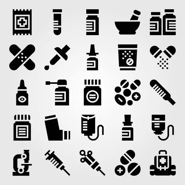 Conjunto de iconos de vector médico. tubo, mortero, parche y botiquín — Vector de stock