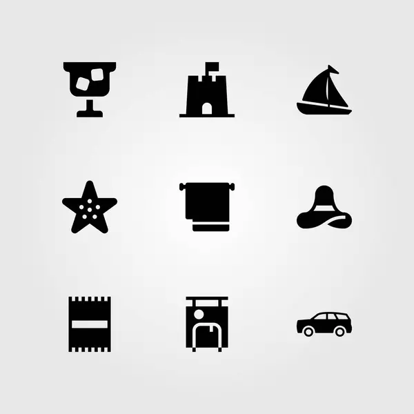 Літній векторний набір піктограм. вітрильник, морська зірка, валіза і піщаний замок — стоковий вектор