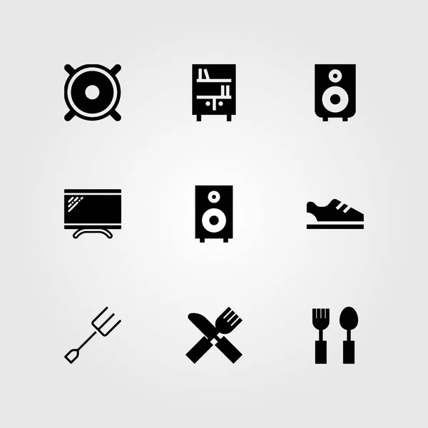 Winkelen vector icon set. bestek, monitor, tv en sneakers — Stockvector