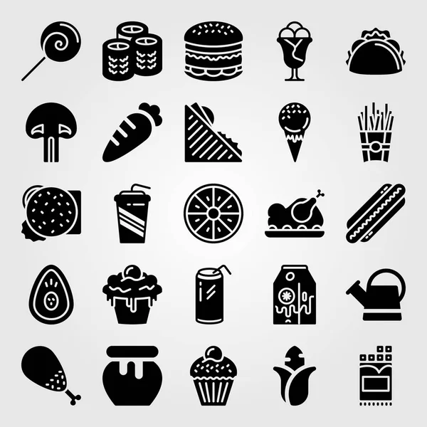 Jídlo a nápoje ikonu nastavit vektor. houby, zmrzlina, kukuřice a kuřecí stehno — Stockový vektor