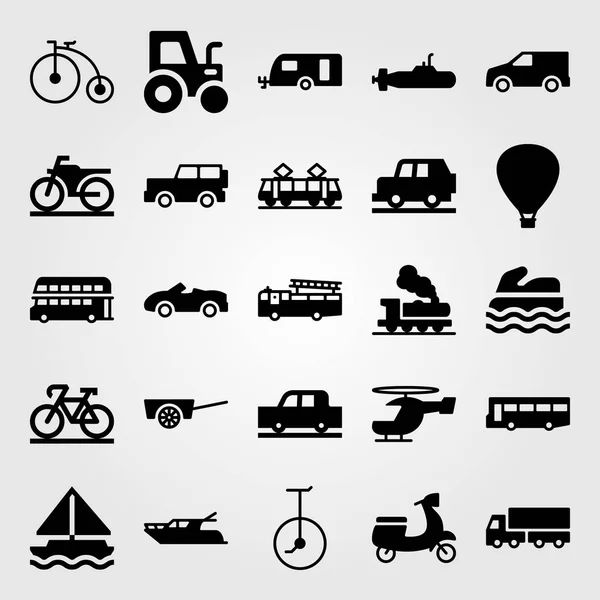 Conjunto de iconos de vector de transporte. globo de aire caliente, carro, tranvía y coche — Vector de stock