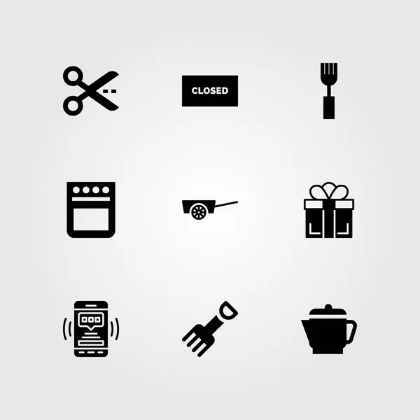 Conjunto de ícones de vetor de compras. chaleira, garfo, tesoura e fechado — Vetor de Stock