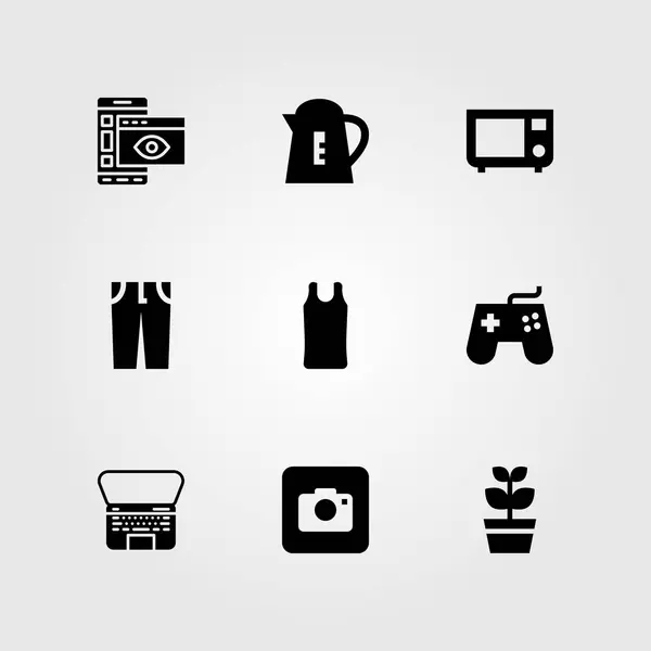 Nákupní vektor sadu ikon. Gamepad, konvice, fotoaparát a notebook — Stockový vektor