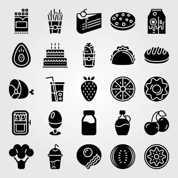 Jídlo a nápoje ikonu nastavit vektor. jahody, třešně, sardinky a narozeninový dort — Stockový vektor