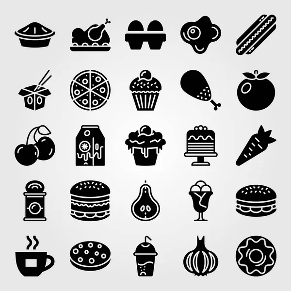 Set di icone vettoriali cibo e bevande. pizza, tazza di caffè, cupcake e ciliegie — Vettoriale Stock