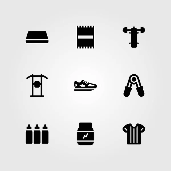 Conjunto de ícones vetoriais de fitness. correndo, camisa, proteína e puxe para cima bar — Vetor de Stock
