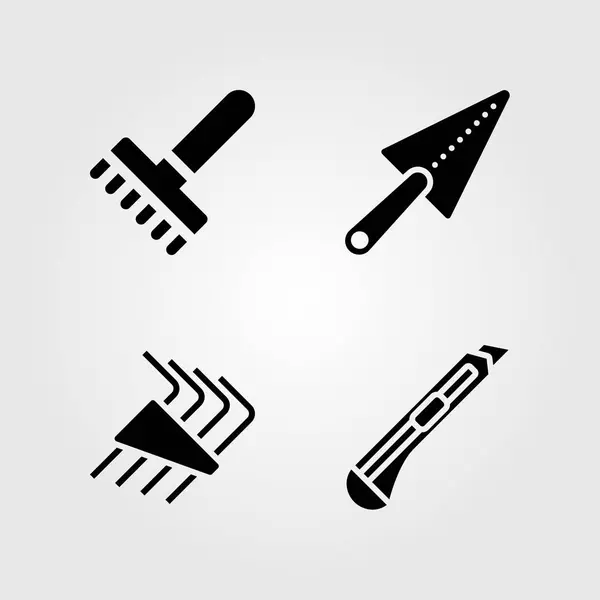 Набор значков инструментов. Векторные иллюстрации грабли, резак, лопатка и аллен ключи — стоковый вектор