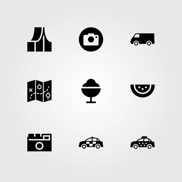 Nyáron vector icon set. autó, fagylalt, görögdinnye és a fénykép fényképezőgép — Stock Vector