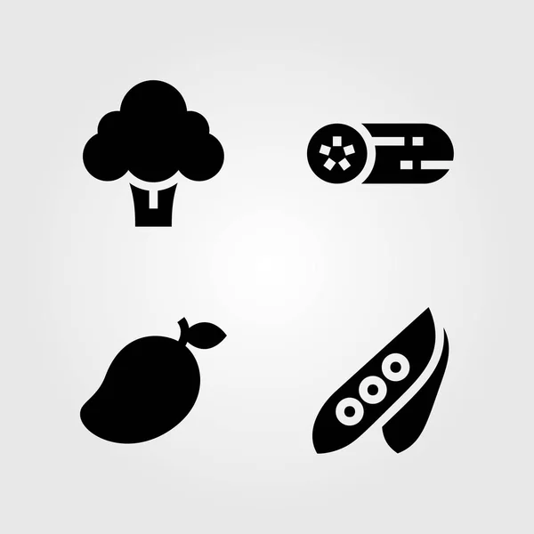 Gyümölcsök zöldségek vector icon set. brokkoli, uborka, mangó és a borsó — Stock Vector