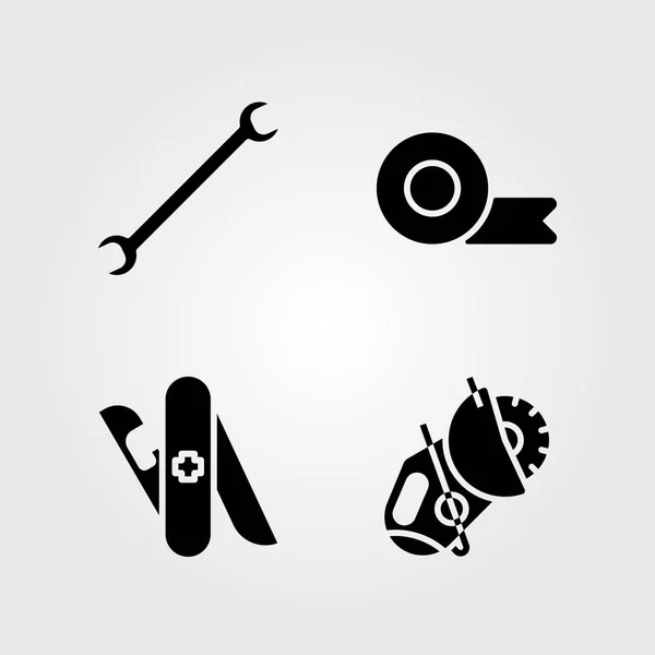 Herramientas conjunto de iconos. Ilustración vectorial sierra eléctrica, llave, cinta y multiherramienta — Vector de stock