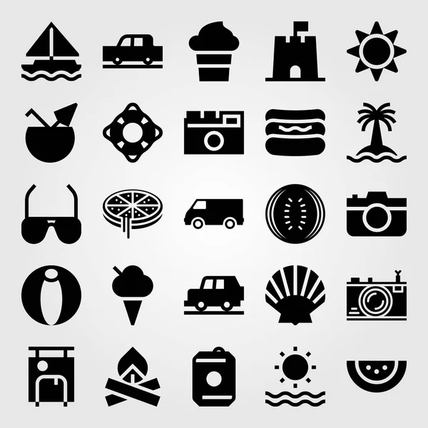 Set di icone vettoriali Summertime. conchiglia, palla da spiaggia, anguria e furgone — Vettoriale Stock