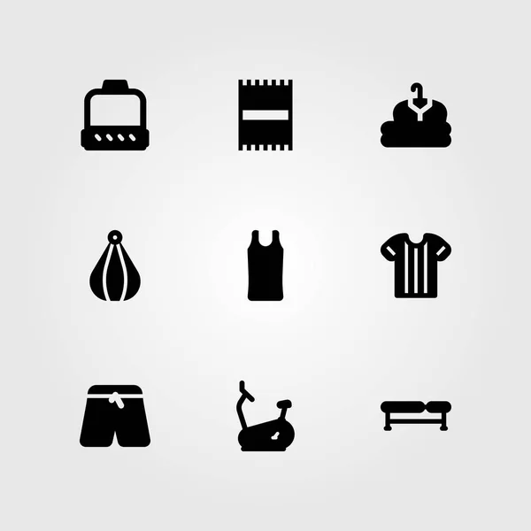 Набор иконок фитнес-вектора. стационарный велосипед, скамейка, штамповка и полотенце — стоковый вектор