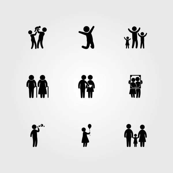 Icono humano vector conjunto. hombre saltando, anciano, madre e hijo — Vector de stock