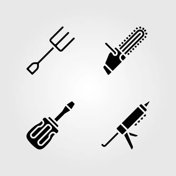 Herramientas conjunto de iconos. Pistola selladora de ilustración vectorial, tenedor, motosierra y destornillador — Archivo Imágenes Vectoriales