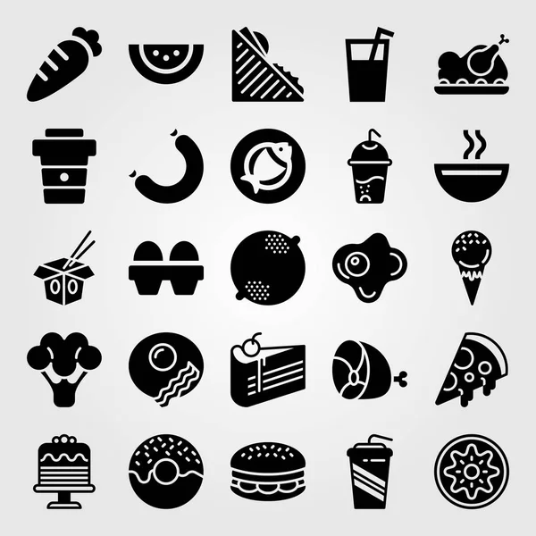 Alimentos y bebidas vector icono conjunto. embutidos, pizza, carne y zanahoria — Archivo Imágenes Vectoriales