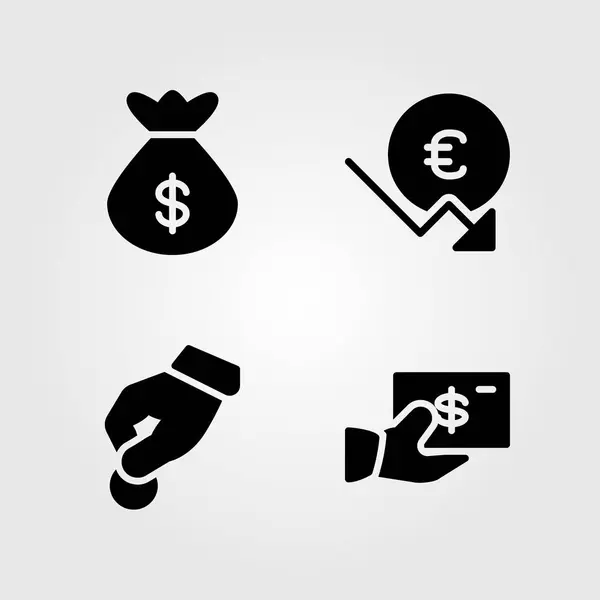 Set di icone monetarie. Borsa illustrazione vettoriale, donare, sacchetto di denaro e dollaro — Vettoriale Stock