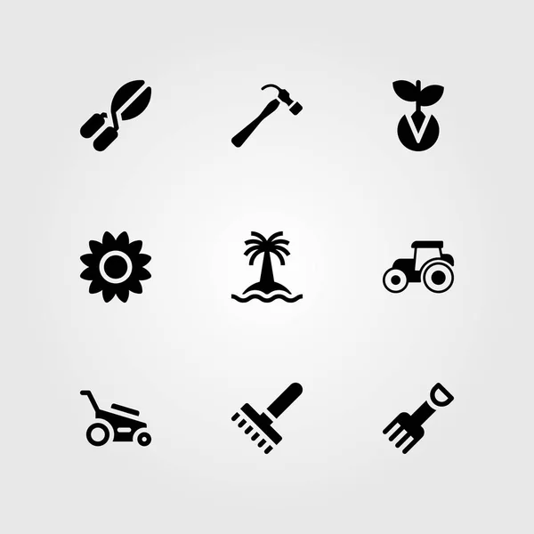 Ogrodowe wektor zestaw ikon. Słonecznik, słonecznik, rake i drzewa — Wektor stockowy