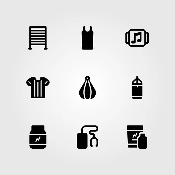 Conjunto de ícones vetoriais de fitness. barra de perfuração, proteína, camisa esportiva e bola de perfuração —  Vetores de Stock