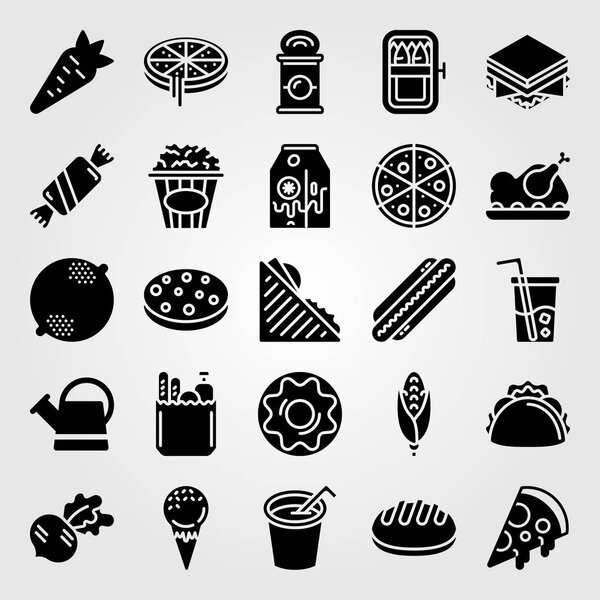 Food And Drinks icon set vector. ice cream, watering can, taco and doughnut