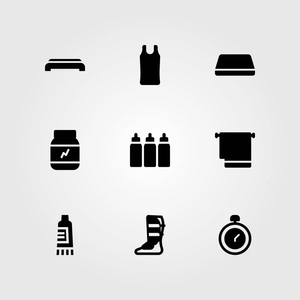 Conjunto de ícones vetoriais de fitness. tapete de ginástica, cronômetro, cápsulas e shinpad —  Vetores de Stock