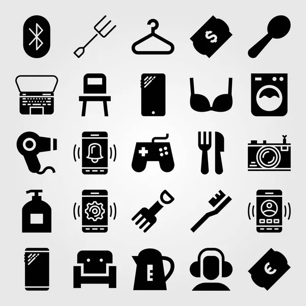 Набор векторных значков покупок. столовые приборы, смартфон, ложка и лифчик — стоковый вектор